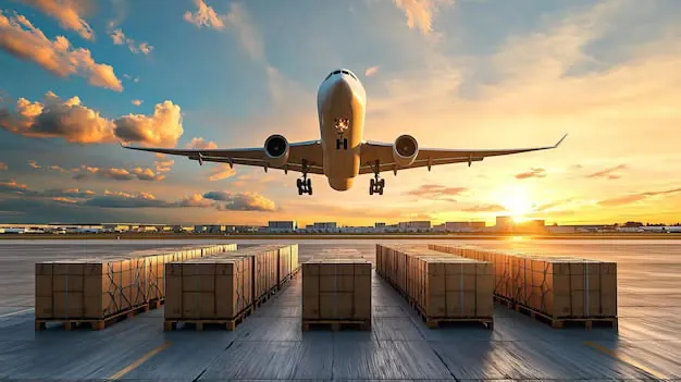 Cargo plane landing over palletized air freight shipments