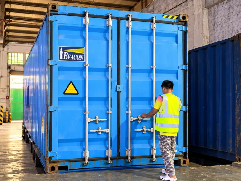 Worker opening a blue shipping container inside a warehouse