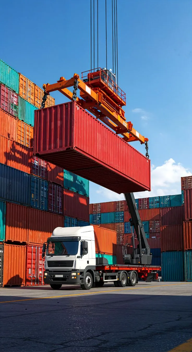 Crane lifting a shipping container onto a truck at a container yard